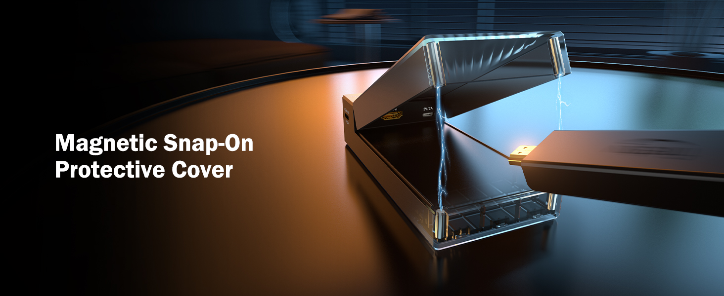 Text reads 'Magnetic Snap-On Protective Cover'. Dark metallic device with angular protective cover being attached.