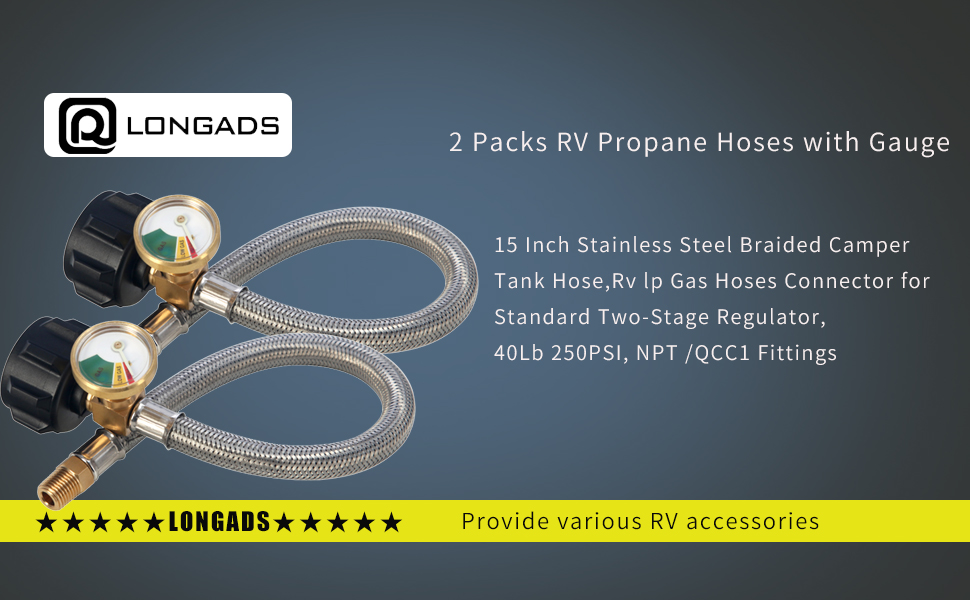 RV Propane Hoses with Gauge (Packs of 2), 20 Inch Stainless