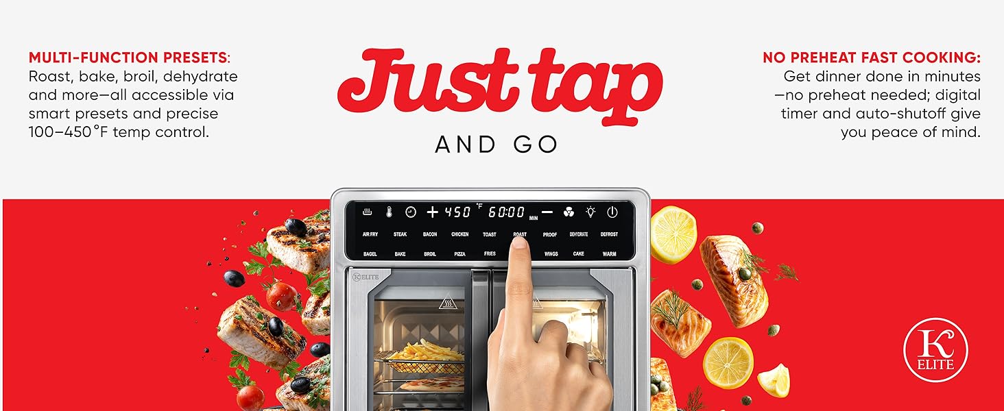 Hand pressing digital air fryer button with grilled foods in the background.  Text: Just tap and go