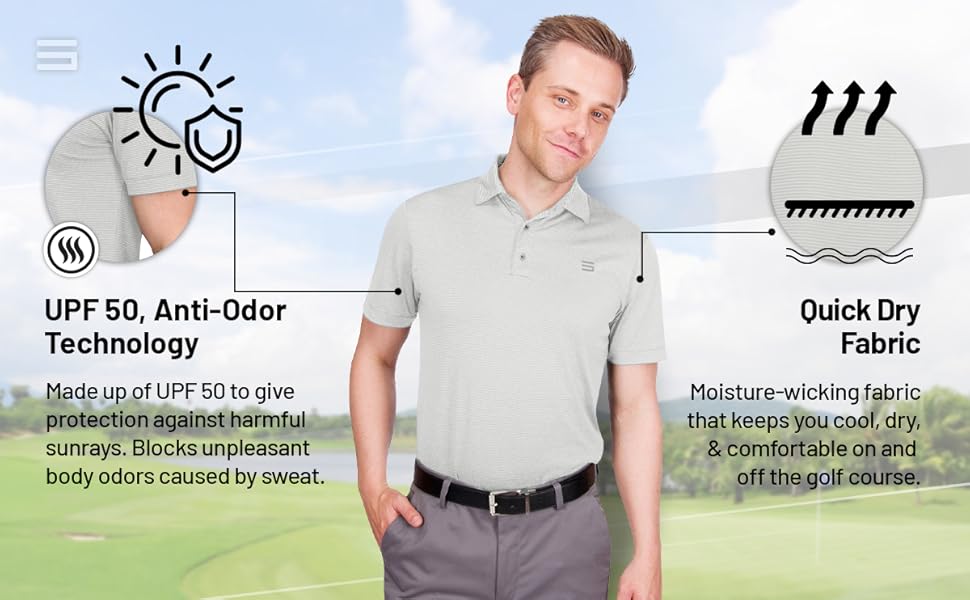 These polo shirts are moisture wicking and keep you cool and comfy. UPF 50 and anti-odor technology.