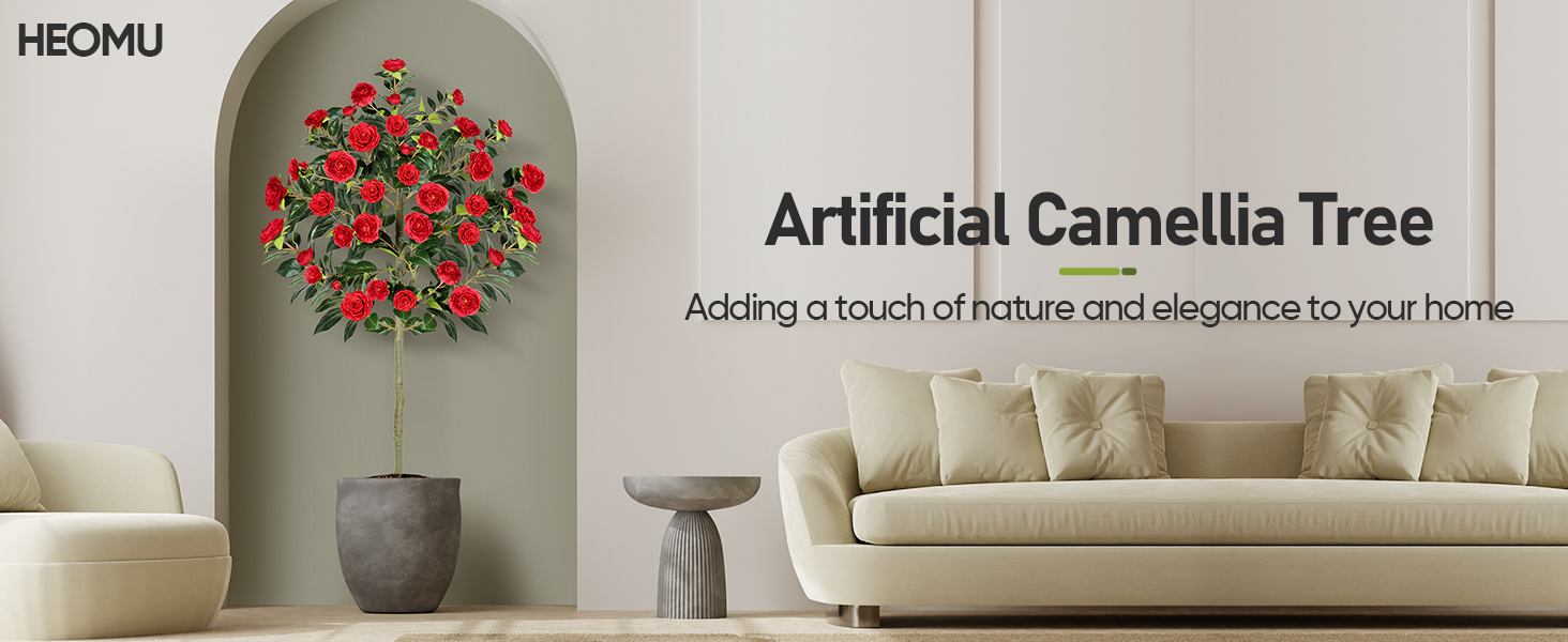 Artificial Camellia Tree,4ft Tall Red Fake Camellia Trees