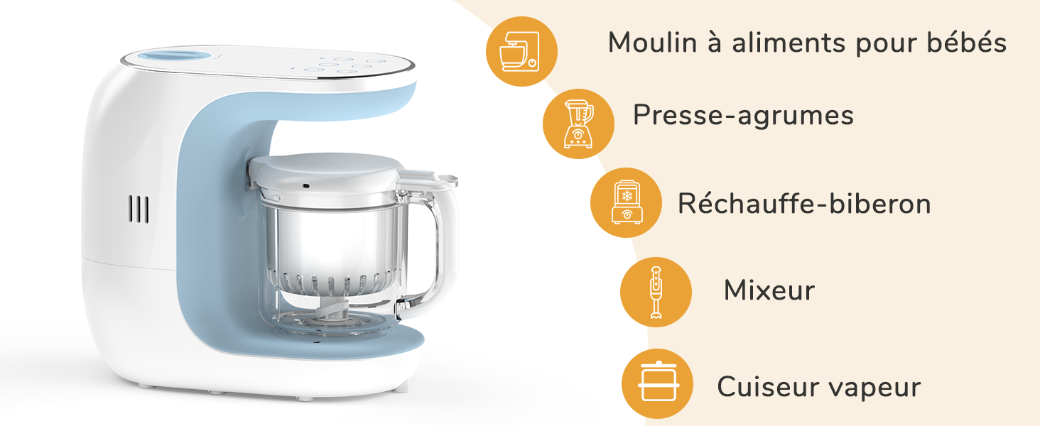 Robot Cuisine Multifonctions 5en1 pour Bébé Vapeur, Mixeur, Pulse, Réchauffe, Cuisine