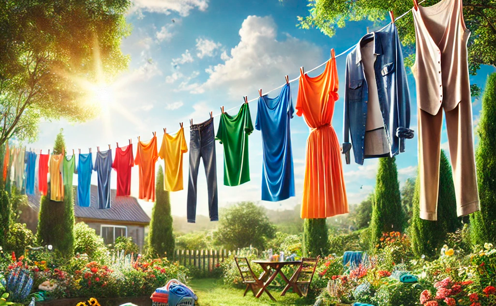 Colorida ropa colgada en un tendedero en un jardín soleado, con varias prendas en colores del arcoíris contra el cielo azul y