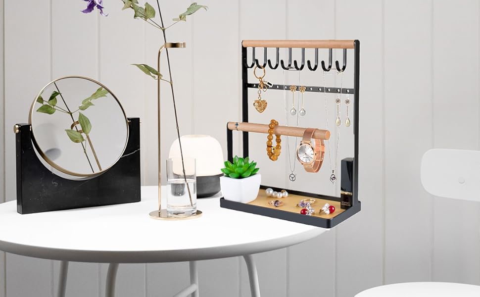 Black Metal Jewelry Stand Holder Earring Tray Necklace Hanging Rack