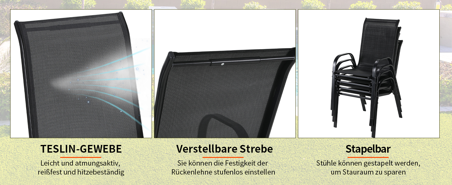: tissu Teslin, dossier réglable et design empilable. Trois panneaux présentent les détails de la chaise et sa capacité d'empilage