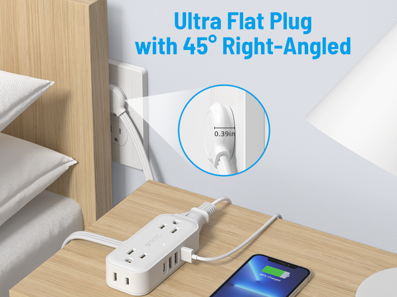 TROND UltraThin Flat Plug Power Bar USB C, 15ft Flat Extension Cord