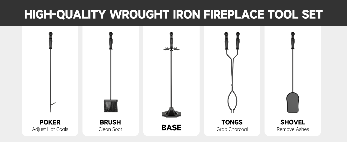 Aokia 5 Pieces Fireplace Tools Set Black Wrought Iron Fire