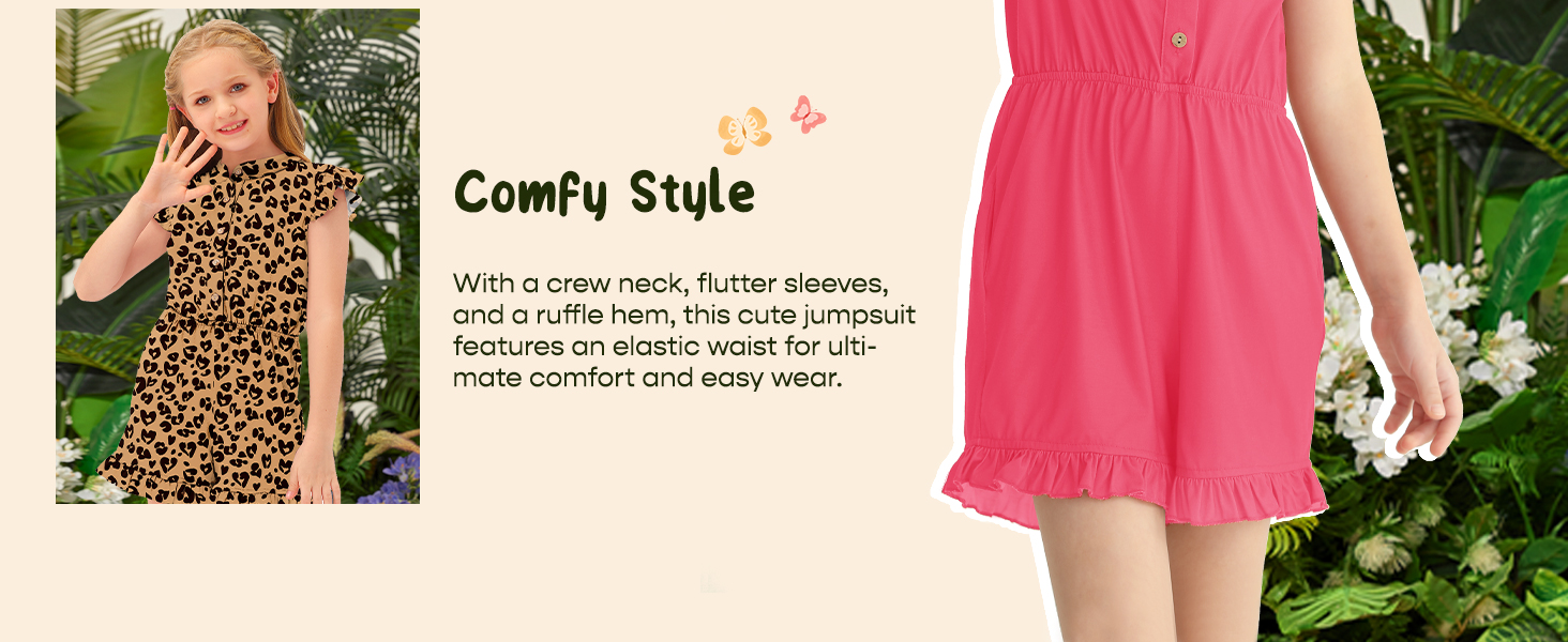 Girl Summer Ruffled Sleeveless Jumpsuit Crewneck Romper