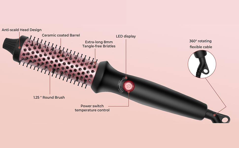 فرشاة حرارية 1.25 انش مكواة تمويج الشعر ساخنة تكثيف مشط ايوني سيراميك تورمالين 110-240 فولت للسفر مع شاشة LCD مستديرة أسود 8 فرشاة حرارية