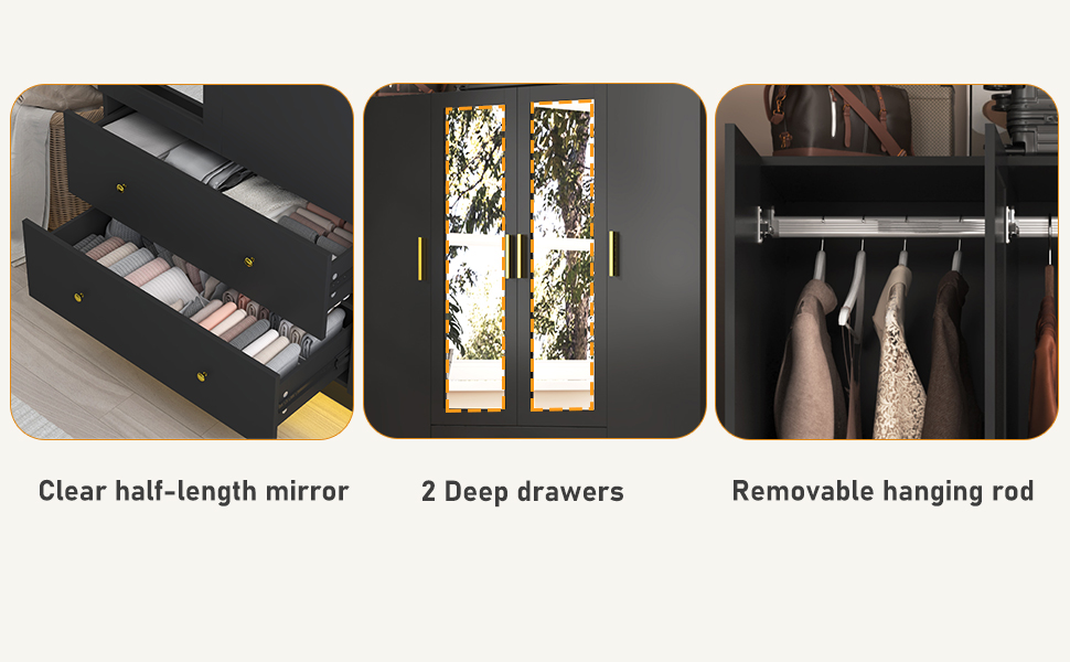 4 Doors Armoire Wardrobe Closet with Mirror, LED Armoire