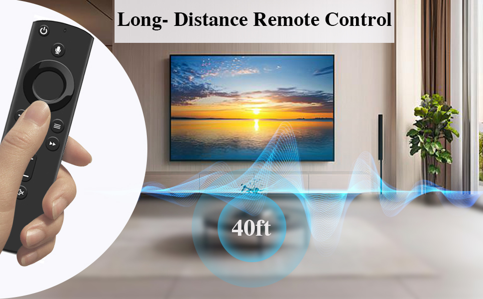Text reads 'Long-Distance Remote Control'. Multiple images showing device usage in various indoor settings with '40ft' text indicator.