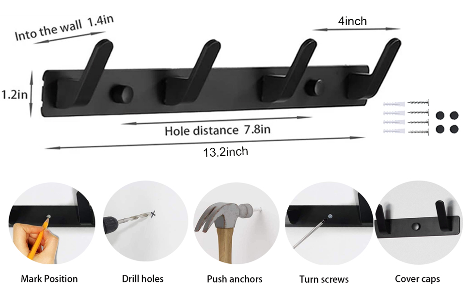 mtisdod Coat Rack Wall Mount Coat Hooks Wall Mounted 4 Hook Black Wall