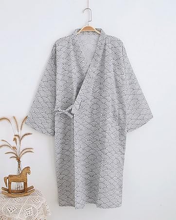Men's Robe Kimono Robe Men Wave Tie Waist Bathrobe Men Bath Robes Cotton Universal For Men and Women