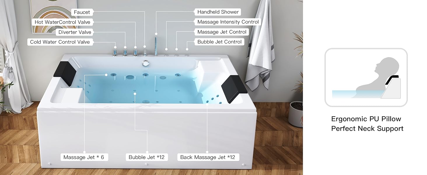 Double bathtub two-person freestanding couple's large soaking jetted luxury whirlpool