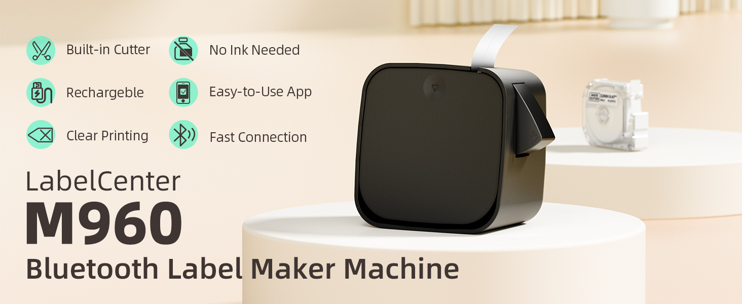 Label Maker Machine M960, Portable Bluetooth Label Maker with Tape, Label Machine, Mini Inkless