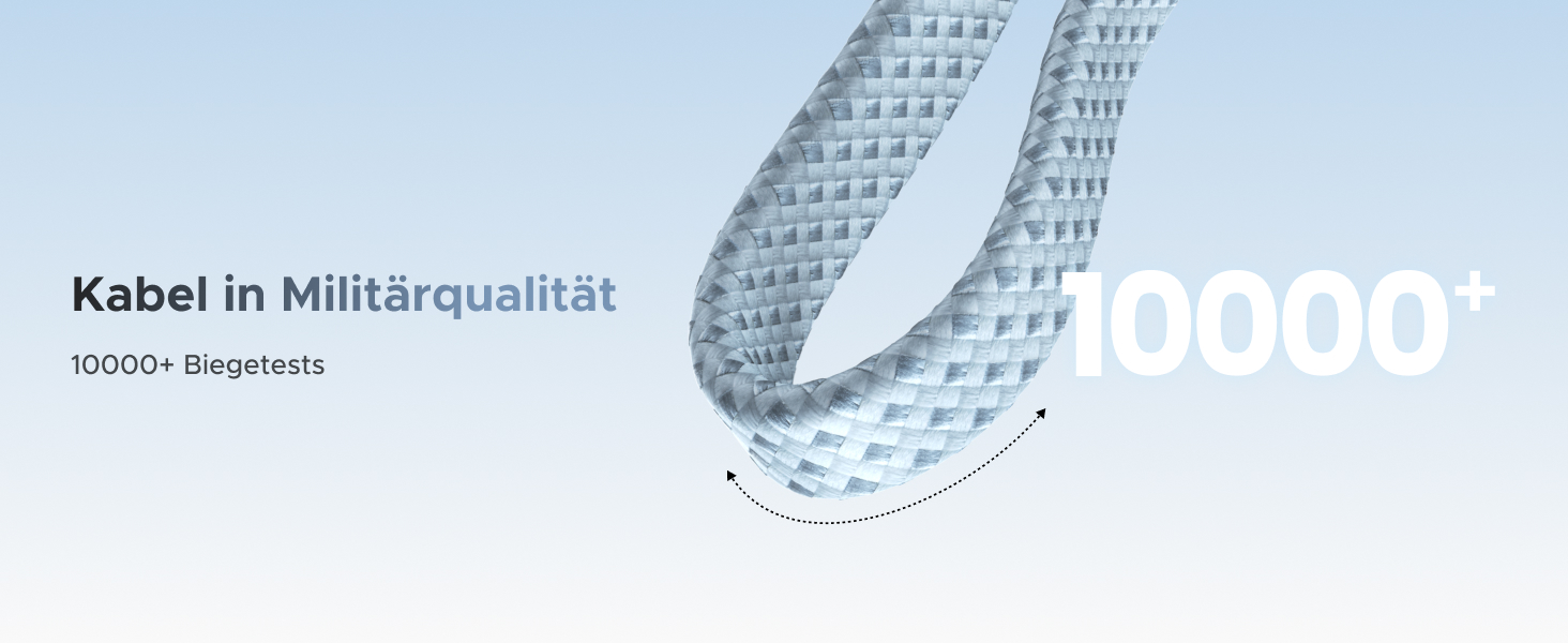 Der Text lautet „Kabel in Militärqualität“ und „10000 Biegetest“. Technisches Diagramm oder Spezifikationsbild mit Informationen zur Prüfung der Kabelhaltbarkeit.