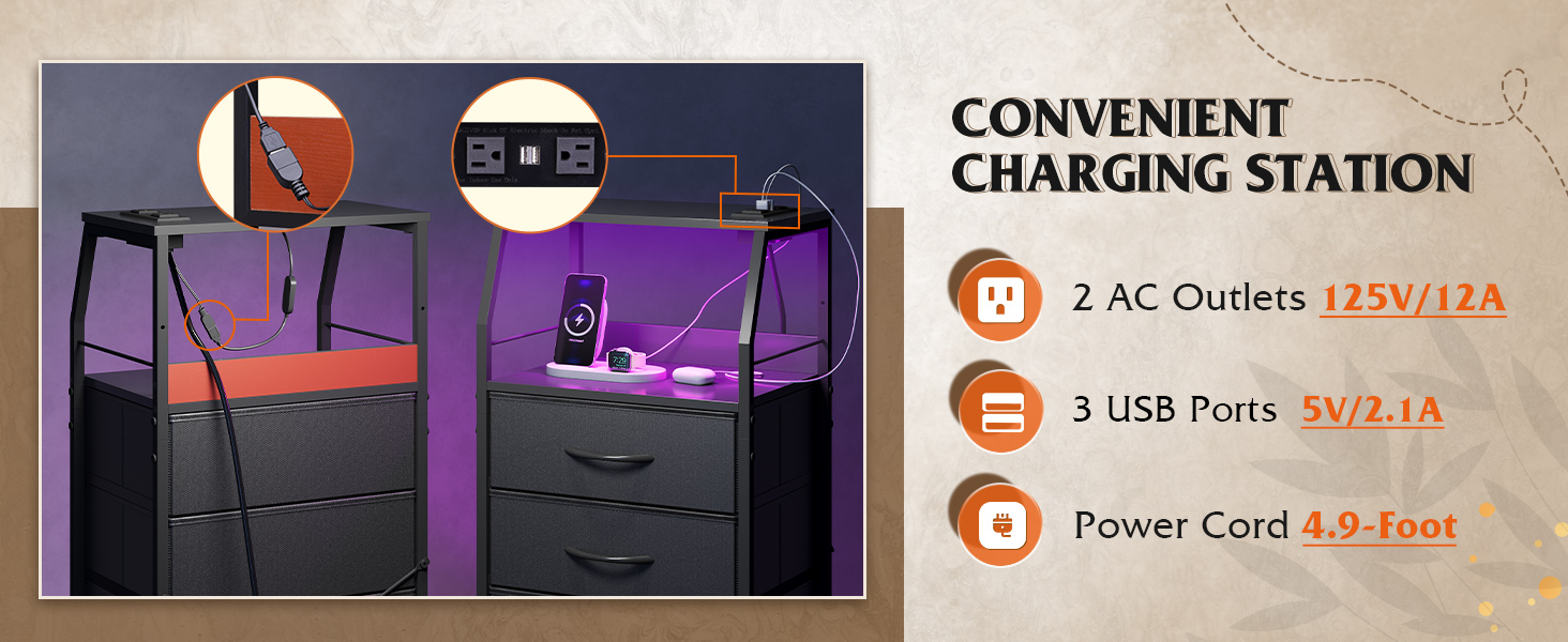 bed side table with charging station