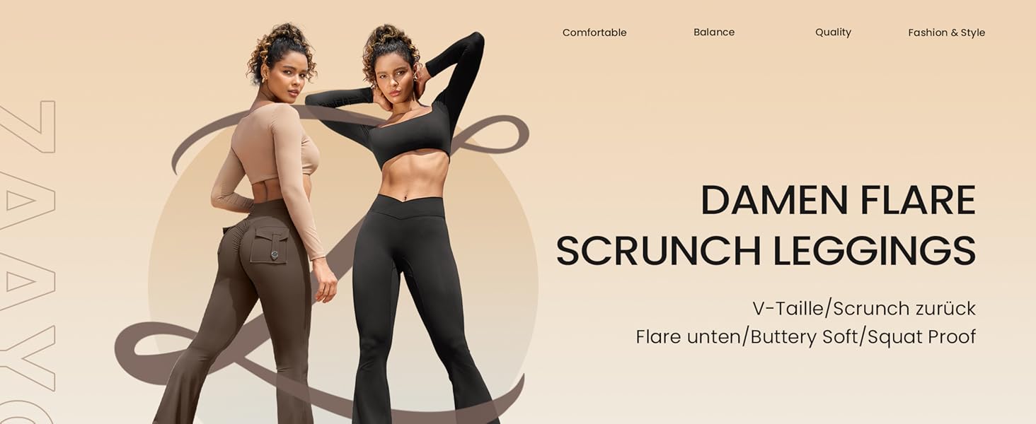 ZAAYO Damen Flare Scrunch Leggings V Cross Taille Bell Bottom Tummy Control Bootcut Workout Leggings