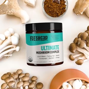 FreshCap Ultimate Mushroom Complex Powder - Lions Mane, Reishi, Cordyceps, Chaga, Turkey Tail, Maitake Supplements - for 100 Organic-mushroom-blend