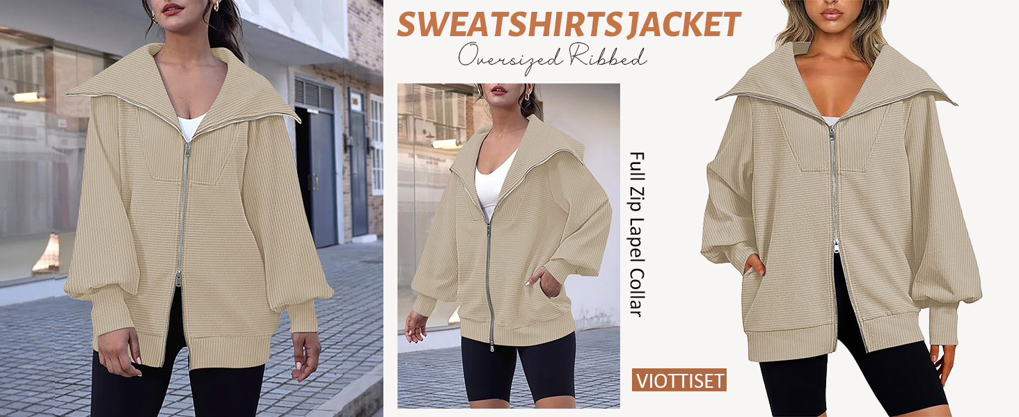 Viottiset Women's Oversized Sweatshirts Ribbed Full Zip Lapel Collar