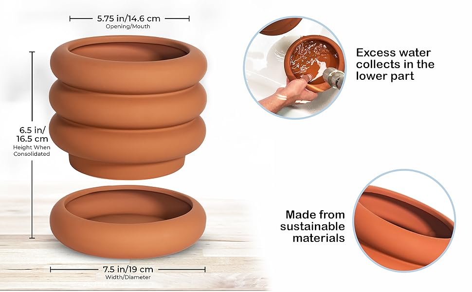 Infographic showing clay pot dimensions and showing ease of use collecting excess water in saucer