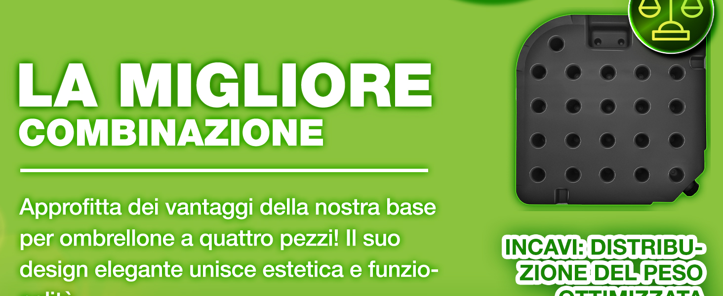 Immagine verde del prodotto con testo in italiano. Mostra un oggetto quadrato scuro con fori, descritto come la migliore combinazione per la distribuzione del peso.