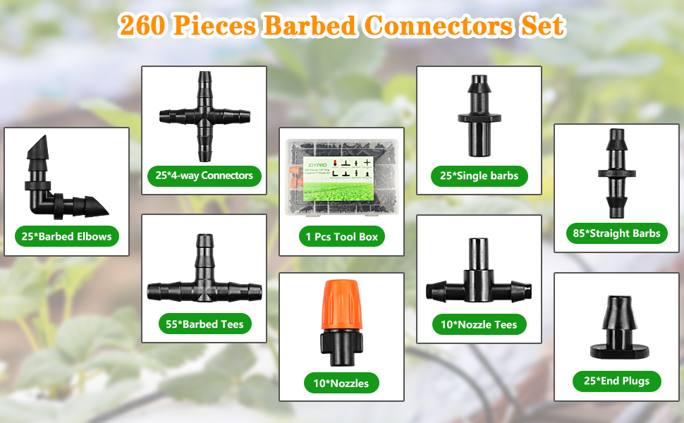 Drip Irrigation Fittings Kit for 1/4" Tubing, 260 Pcs Drip Line