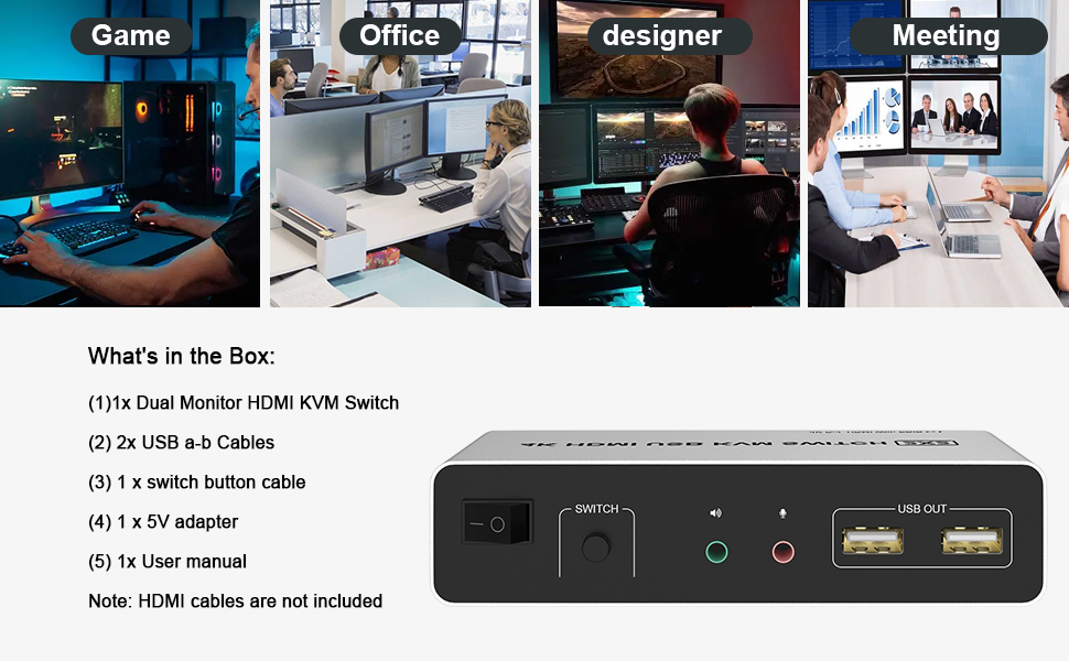 KVM Switch Dual Monitor HDMI 2 Port, Supports EDID, HDMI 4K 60Hz for 2