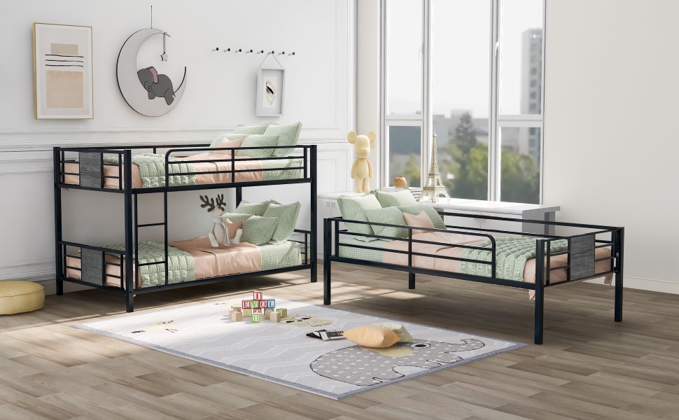 Merax Metal Triple Bunk Bed with Wood Decoration, No Box