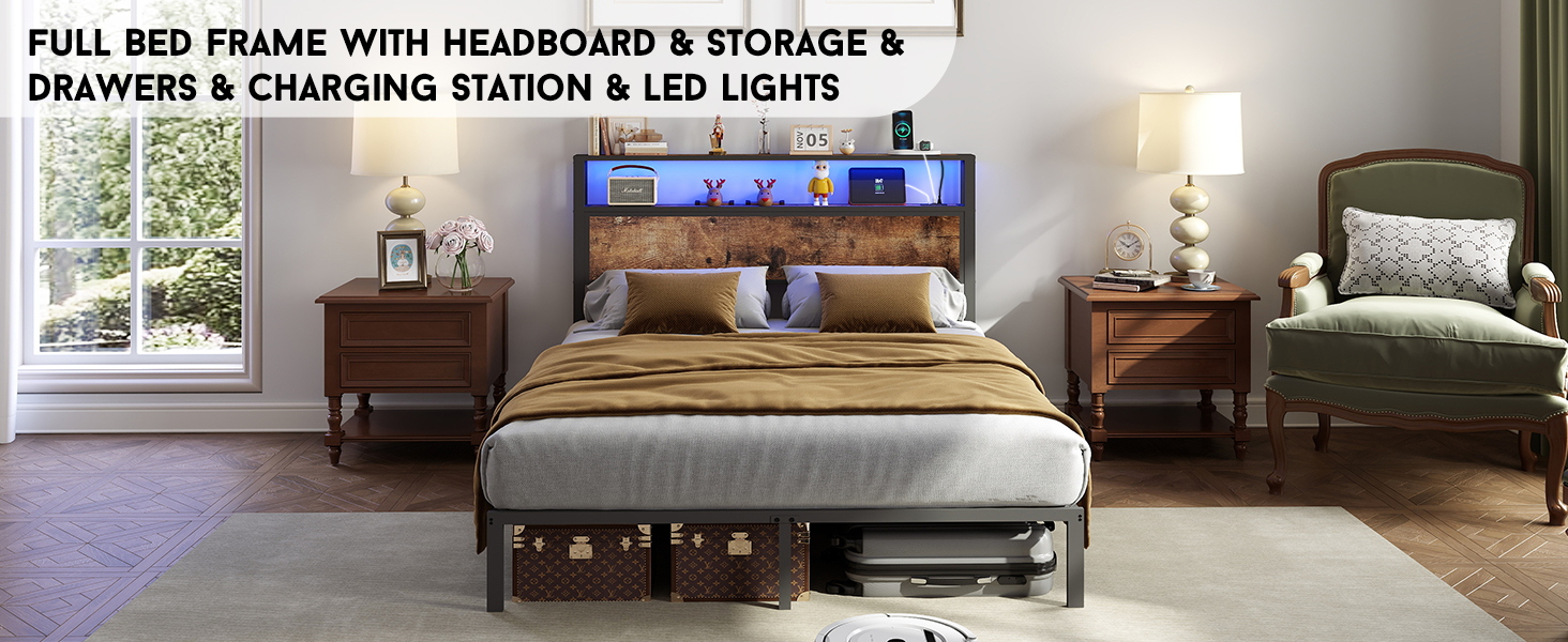 Full Size Bed Frame, Storage Headboard, Charging Station,  LED Lights, Noise Free, Remote Control