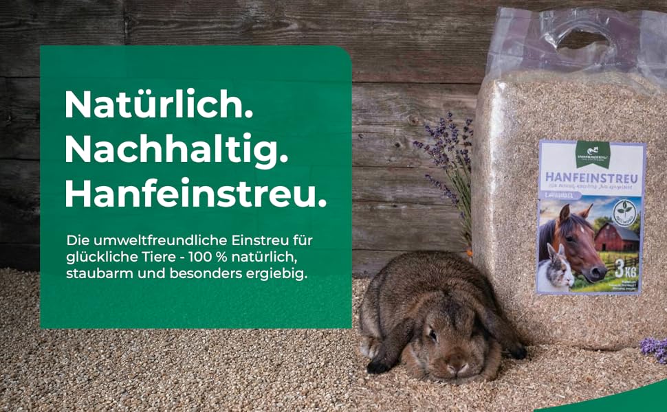 Haustierbettwäsche aus Hanf Packung Hanfeinstreu, sichtbar mit einem Hasen, der auf dem Bettzeug sitzt. Das grüne Textfeld beschreibt das Produkt als natürlich und nachhaltig