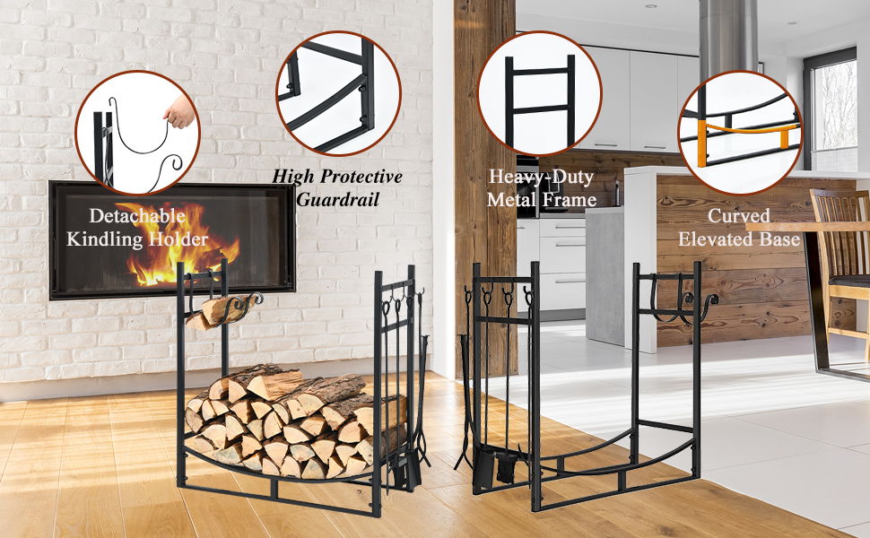 S AFSTAR 30” Firewood Rack, Fireplace Log Holder with 4 Storage Hooks