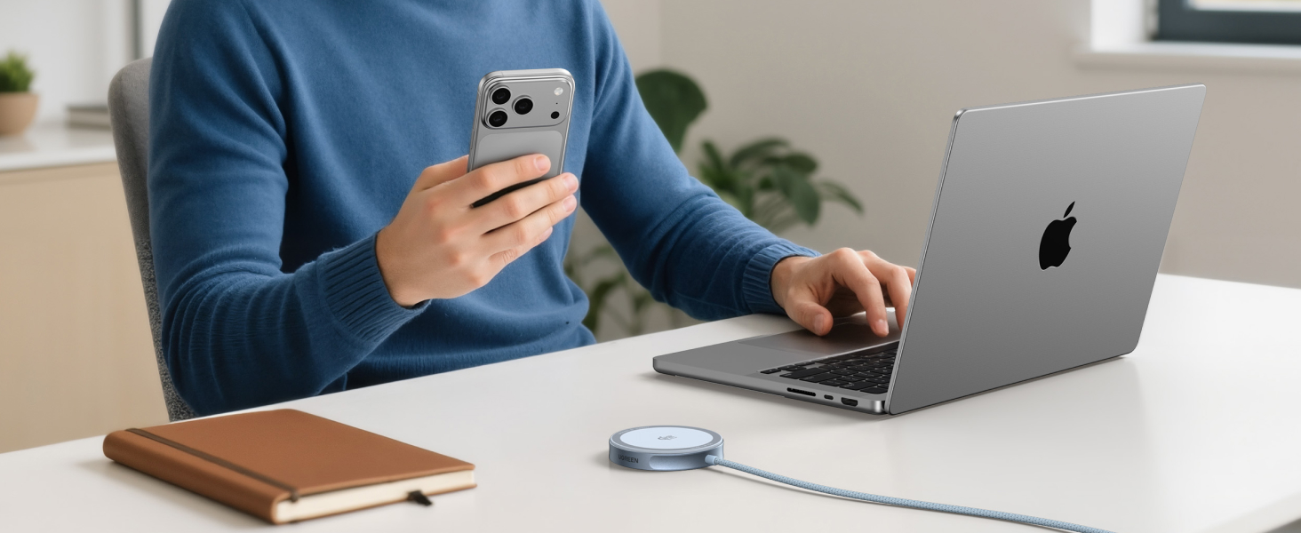 Configuration de la personne travaillant au bureau avec un ordinateur portable MacBook, un iPhone et un bloc-notes en cuir ou un agenda visible. Environnement de travail moderne avec une esthétique épurée et minimaliste.