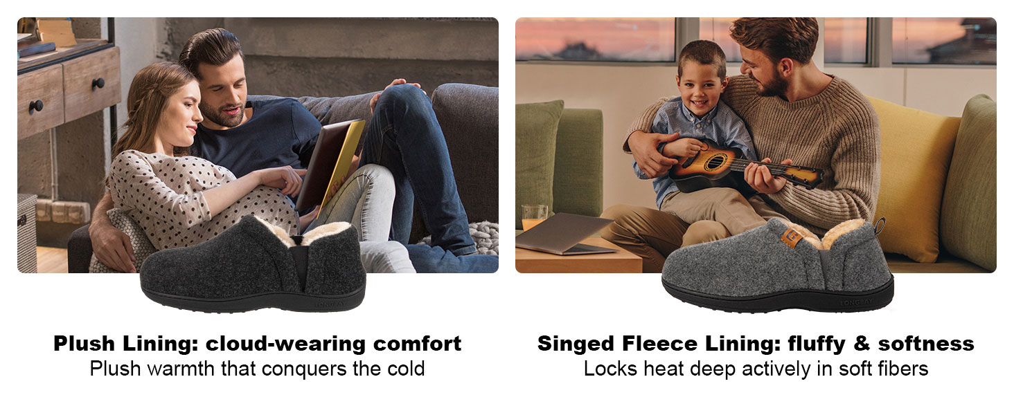 Text reads 'Plush Lining: cloud-wearing comfort', 'Singed Fleece Lining: fluffy & softness'. Multiple views of plush-lined footwear or slippers.