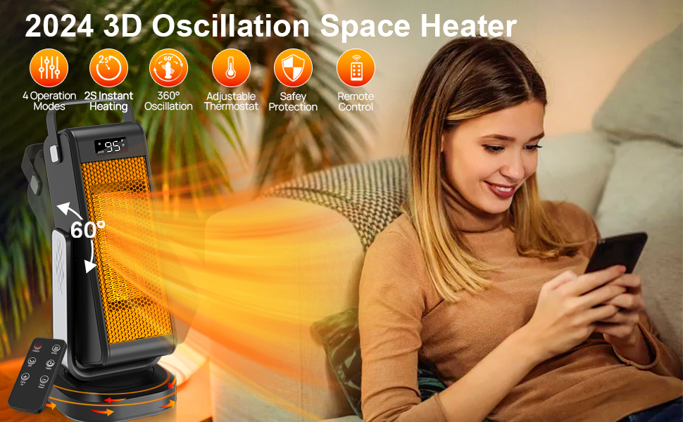 Space Heater Indoor, 3D Oscillating Space Heater Large Room
