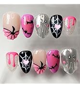 24Pcs Halloween Press on Nails Short Almond Fake Nails 3D Pumpkin Ghost Acrylic Nail Full Cover A...