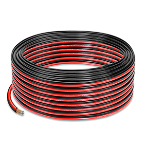 Red and black striped electrical wire or cable shown coiled in multiple views, displaying consistent dual-color pattern throughout length.