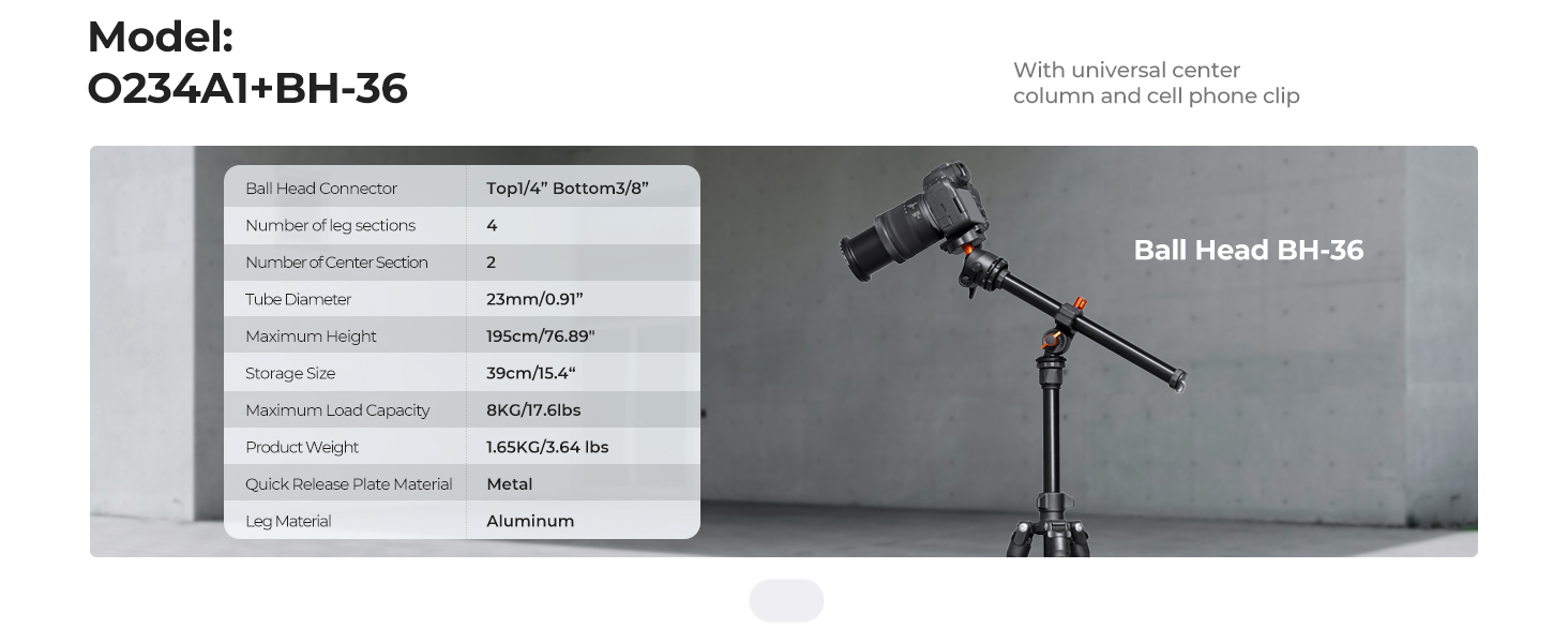 Text shows 'Model: O2S4A1-BH-36' and 'Ball Head BH-36' with technical specifications table. Product image shows professional camera ball head mount on grey background.
