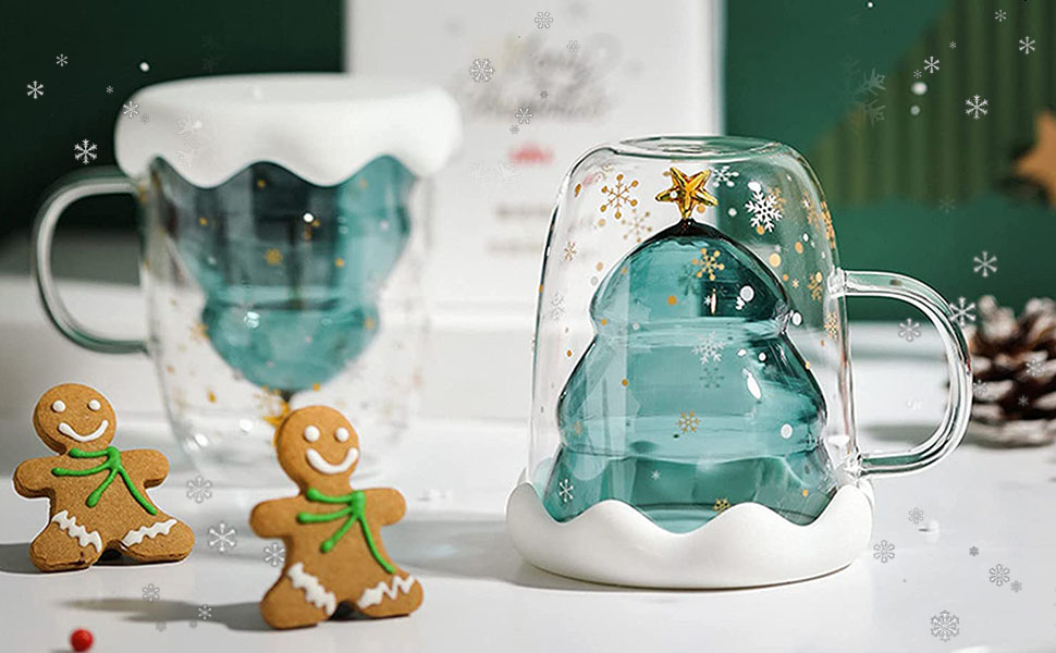 Christmas Coffee Mug Glass Mugs for Hot Drinks with Handles Double Wall