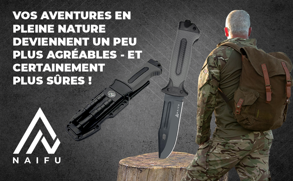 naifu® Couteau de Survie & Bushcraft à Lame Fixe 9,5CM Full Tang (3CR13)–  Allume-Feu Intégré dans le Manche – Couteau Militaire –EDC – Étui Rigide et  Aiguiseur Diamanté : : Sports et