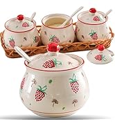 Orkim Kitchen Ceramic Condiment Jars with Lids and Spoons, 3 Piece Porcelain Seasoning Jar Set fo...