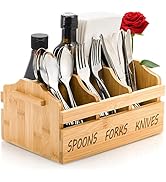 Yesland Silverware Holder Caddy, 4 Compartments Wooden Utensil Holder Flatware with Handle, Bambo...