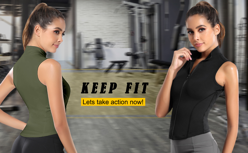 FEOYA Womens Full Zip Sports Vest Slim Fit Workout Gym Tops Stand Collar Sleeveless Yoga Running Tank Tops Skinny Athletic Sleeveless Shirts Quick Dry Breathable Fitness Yoga Gym Vest Top 12 1