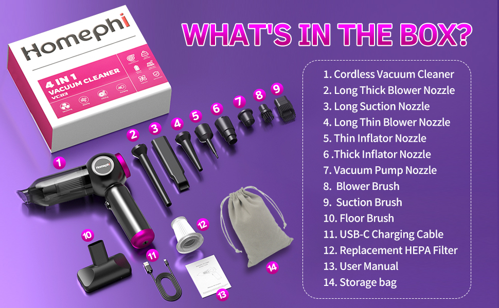 All Well Packaged: A Vacuum, 9 Versatile Accessories, A Replacement Filter, A Cable, A Storage Bag