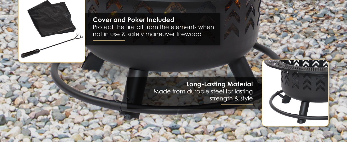 Arrow Motif Black Steel Fire Pit with Grill and Cover 32 inch