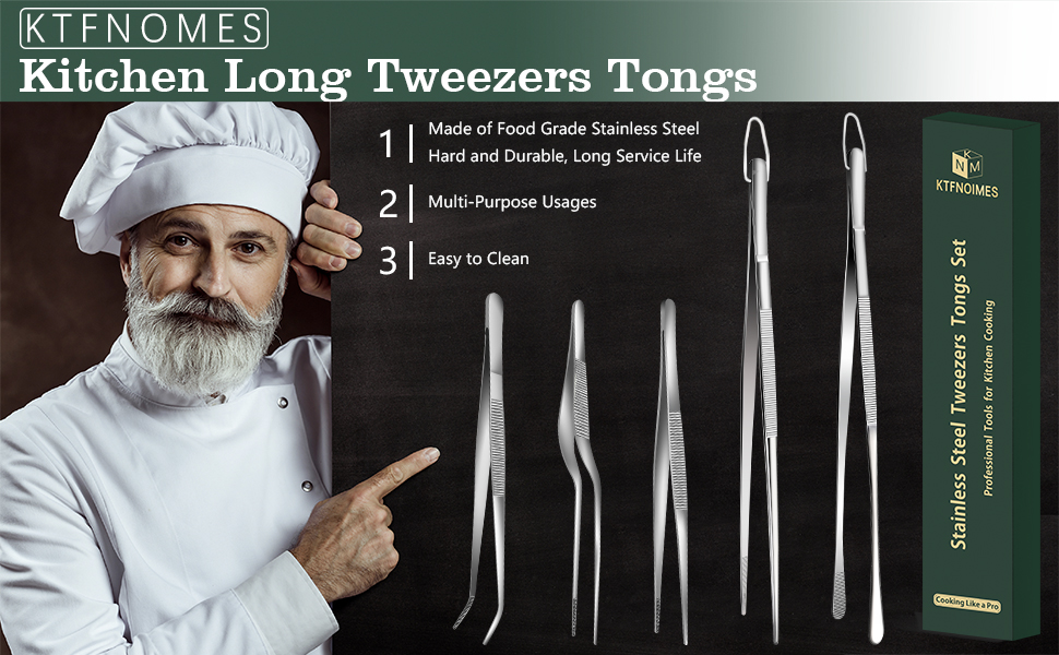 KTFNOMES 5 Pcs Kitchen Cooking Tweezers,12" & 6.3" Stainless Steel Kitchen tongs Set