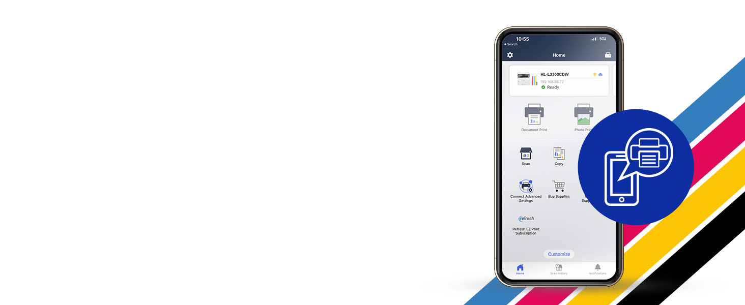 Brother Mobile Connect app with HLL3300CDW toner levels, document print, photo print, scan, copy