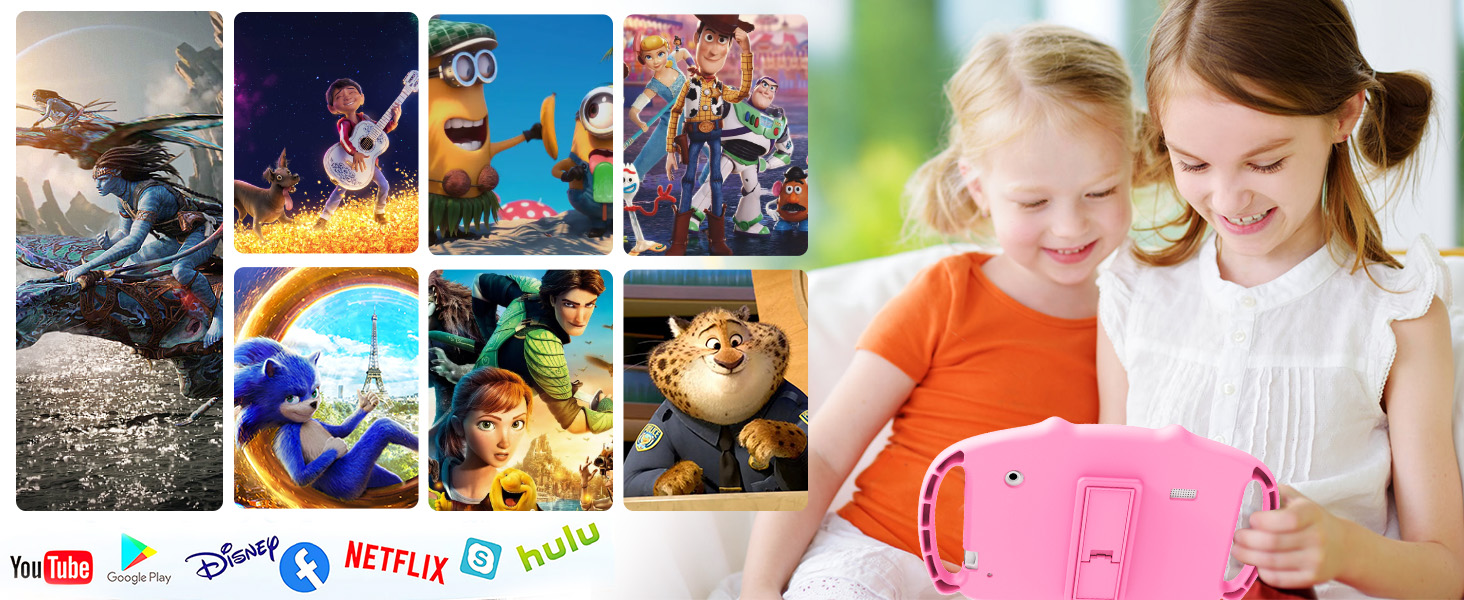 Collage of animated movie scenes with streaming service logos, alongside pink electronic device being used by children.
