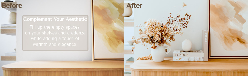 Left: Image showing a bare credenza; Right: Image showing the credenza with decorative books