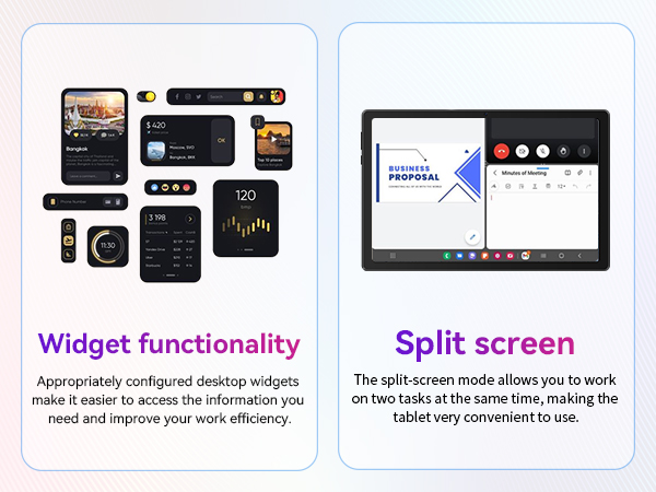 Two-panel mockup of tablet interface. Left shows various widgets, right demonstrates split-screen functionality for multitasking on the device.
